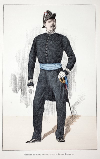 Důstojník míru, Velká druhá říše (1852-1870). Eau forte en couleurs, pour ilustraci “” Histoire du corps des gardiens de la paix””” kniha vydaná pod záštitou Louis Lepine (1846-1933), prefet de police de la Seine, Alfred Rey (1864- od Unknown artist
