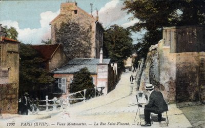 Starý Montmartre: malíř v ulici St Vincent. V oranžové kabaret "Hbitý králík" - Pohlednice, deb. 20. století. od Unknown Artist