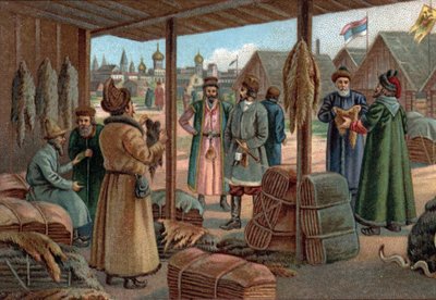 Old Shopping Malls: Fur Fair in Novgorod (Veliky Novgorod), Rusko v 19. století. Chromolitografie konce 19. století od Unknown artist