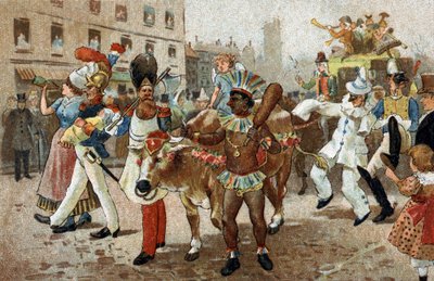 Starý zvyk oslavovaný v regionu Ile de France: Procesí hovězích gras v roce 1830. Chromolitografie z konce 19. století. od Unknown artist