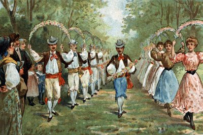 Starý zvyk oslavovaný v regionu Languedoc: tanec trellas. Chromolitografie konce 19. století. od Unknown artist