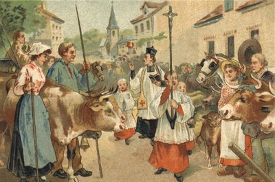 Starý zvyk oslavovaný v oblasti Nivernais: žehnání stád. Chromolitografie konce 19. století. od Unknown artist