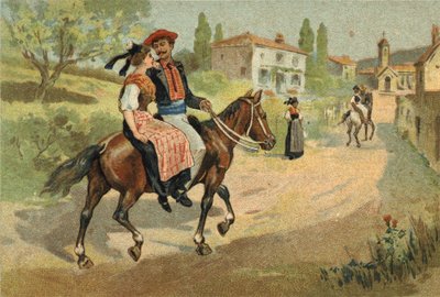 Starý zvyk oslavovaný v oblasti Provence: shromáždění Camarguaisů. Chromolitografie konce 19. století. od Unknown artist