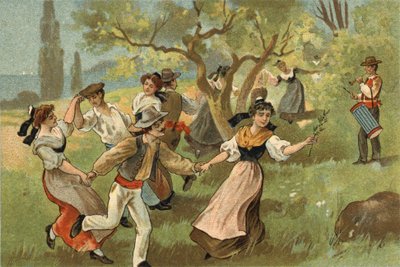Starý zvyk oslavovaný v oblasti Provence: farandole na slavnosti sklizně bource morušového. Chromolitografie konce 19. století. od Unknown artist