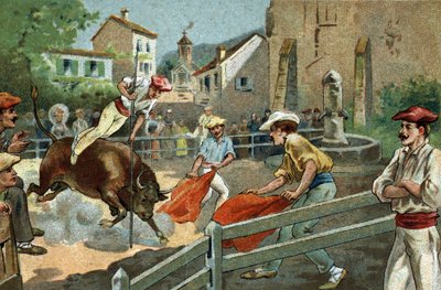 Starý zvyk oslavovaný v regionu Biskaj: Landaise závody ve vesnici. Chromolitografie konce 19. století. od Unknown artist