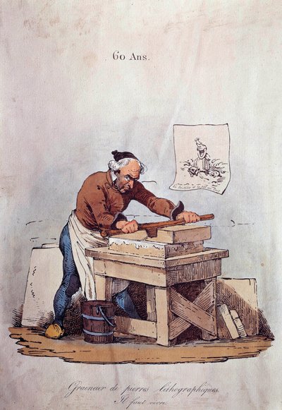 Staré metiery: litografický kamenný zrňovač. Toto je jeden z kroků tisku litografií, který spočívá v přípravě kamene inkoustem. Ilustrace 19. století Soukromá sbírka od Unknown artist