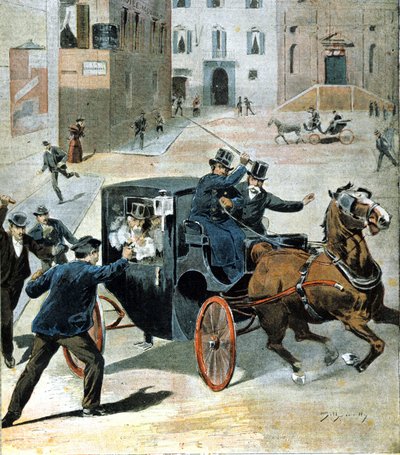 Dne 16. června 1894 v Římě vystřelil anarchista Paolo Lega z revolveru na Francesca Crispiho, prezidenta Italské rady. Ilustrace z období. od Unknown artist