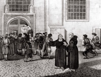 Dne 31. 10. 1517 vyvěsil Luther na brány zámku Wittenberg svých 95 tezí „“ odsuzujících prodej odpustků a které znamenaly začátek reformace - grav. od Unknown artist
