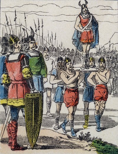 Po smrti Childerika I. byl jeho syn Chlodvík zvolen králem salianskými franky, kteří ho při prohlídce tábora nosili na hradbě (rytina) od Unknown artist