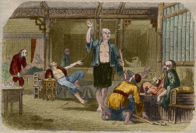 Kuřáci opia v Číně v polovině 19. století. Rytina z roku 1857 v „“Le Musee Des Sciences““ od Unknown artist