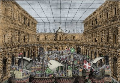 Orazio Scarabelli, Naval Battle Show (naumachia) se tyčí na nádvoří Palazzo Pitti ve Florencii (Královský palác rodiny Medici, velkovévodové z Toskánska) Naumachia na nádvoří Palazzo Pitti, Florencie od Unknown artist