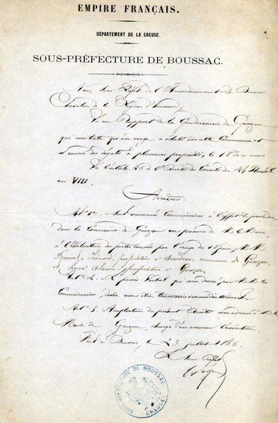 Řád subprefektury Creuse (obvod Boussac) z 23. července od Unknown artist