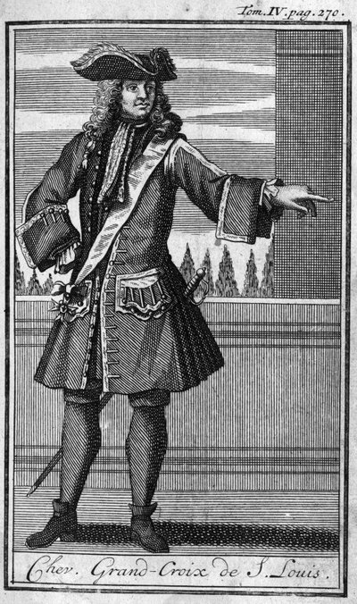 Rytířské řády. Chevalier Grand Cross Saint Louis ve Francii v 17. století. V „“ Dějiny vojenských řádů či rytířů, seculierů a řadových milicí obou pohlaví, které se dosud ustavily. Edice převzata od Abbe Giustiniho od Unknown artist