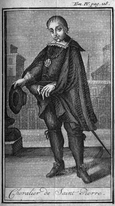 Rytířské řády. Rytíř svatého Petra (San Pietro) v Římě v 15. století. In „“ Historie vojenských řádů či rytířů, bezpečných a rutinních milicí obou pohlaví, které byly ustaveny až do současnosti. Vydání převzato od abbého Giustinianiho, od Unknown artist
