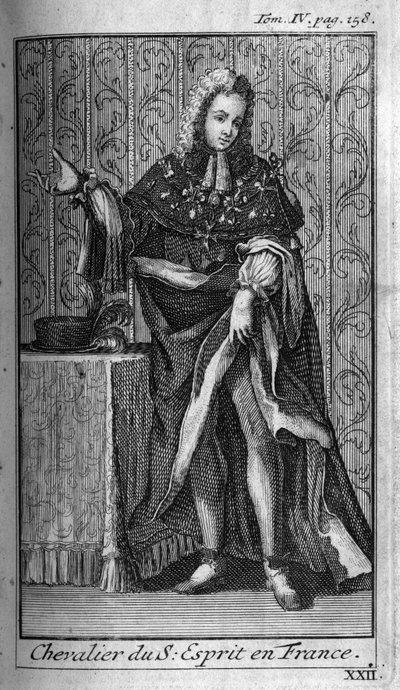Rytířský řád. Rytíř svatého ducha (Řád svatého ducha) ve Francii v 16. století. In „“ Historie vojenských řádů či rytířů, bezpečných a rutinních milicí obou pohlaví, které vznikly až do současnosti. Vydání převzato od Unknown artist