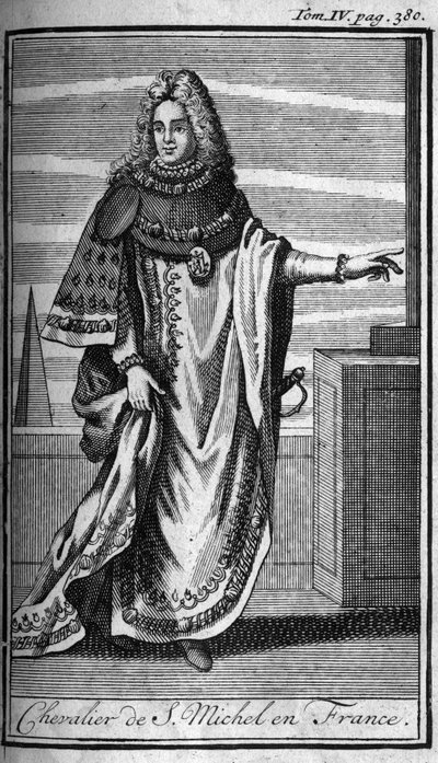 Rytířské řády. Chevalier de Saint Michel ve Francii v 15. století. In „“ Historie vojenských řádů či rytířů, dosud ustavených bezpečných a rutinních milicí obou pohlaví. Vydání převzato od Abbe Giustiniani, R.P. Bonani, M od Unknown artist