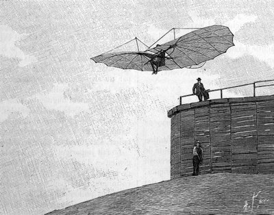 Otto Lilienthal (1848-1896), německý průkopník letectví, seskočil ze své dřevěné věže se svým létajícím letadlem (z okamžité fotografie). Rytina v „“ La Nature: revue des sciences et de leurs applications aux arts et a l