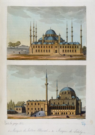 Osmanská říše: Modrá mešita (nebo Sultanahmet Camii) postavená sultánem Ahmetem (Ahmedem) I. a mešita Laleli v Istanbulu – v „“Starověkém a moderním kostýmu“““ od Ferrario, ed Milan od Unknown artist