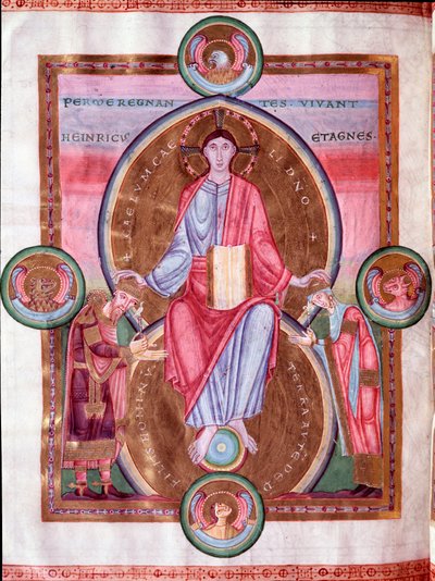 Stránka Císařské bible: Kristus obklopený tetramorfem, mezi císařem Jindřichem III. a jeho manželkou Anežkou z Poitou (miniatura od Unknown artist