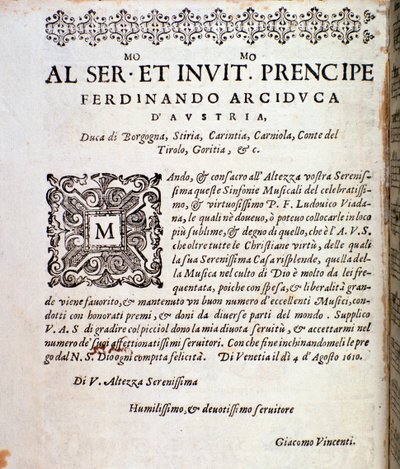 Strana věnovaná Ferdinandovi Rakouskému v partituře Symfonií Ludovica Viadany od Unknown artist