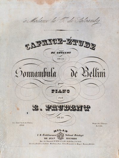 Strana notového záznamu pro studii Caprice pro klavír od Emila Prudenta na základě La sonnambula od Vincenza Belliniho od Unknown artist