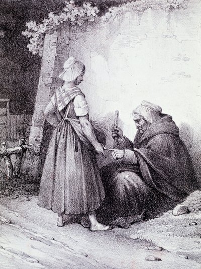Věštění z ruky: stará věštkyně čte z ruky mladé dívky (rytina) od Unknown artist