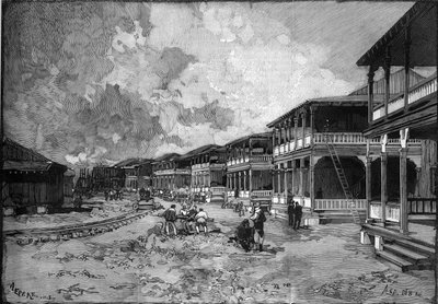Panamský průplav. Ulice nového města Kryštofa Kolumba a Colon: dělnické bydlení. Gravírování v „“Le Monde Illustré““ od Unknown artist