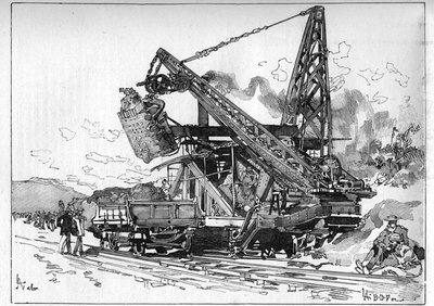 Panamský průplav funguje. Hlavní stroje: rypadlo Osgood. Gravírování v „“Le Monde Illustré““ od Unknown artist