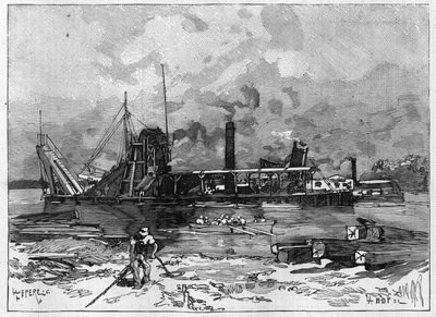 Panamský průplav funguje. Hlavní stroje: bagr a jeho ventil. Gravírování v „“Le Monde Illustré““ od Unknown artist