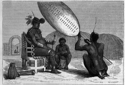 Panda, zesnulý král Zuluů. Rytina v "" Příroda: přehled věd a jejich aplikací v umění a průmyslu "" z 5. dubna 1879. od Unknown artist