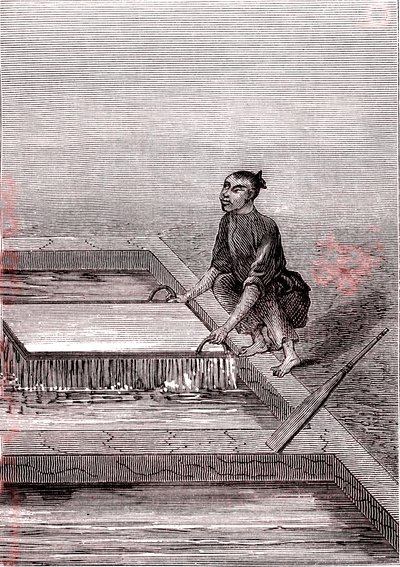 Papírová hmota se stává tekutou, výroba papíru v Číně (3. století př. n. l.) (rytina) od Unknown Artist