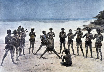 Papua tanec na pláži vedle vesnice Takapuna (Nová Guinea). od Unknown artist