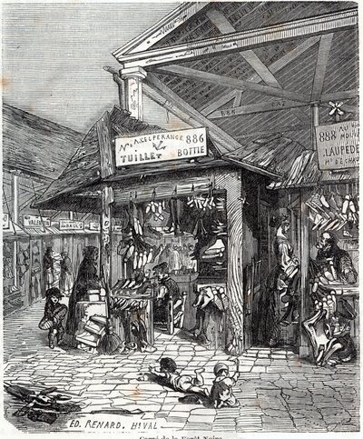 Paříž 3. obvod - Carre de la Foret-Noire: prodej kůže a bot v Le Carreau du Temple v 19. století - rytina v "" Tableau-de-Paris"" od Edmonda Texiera od Unknown artist