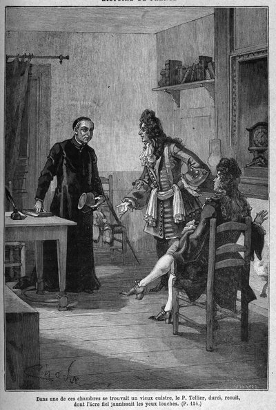 Paříž, klášter jezuitů (nyní kolej Karla Velikého): Pere Michel Le Tellier (1643-1719), jezuitský zpovědník francouzského krále Ludvíka XIV. Rytina 19. století. V „Histoire de France“ od Julese Micheleta od Unknown artist