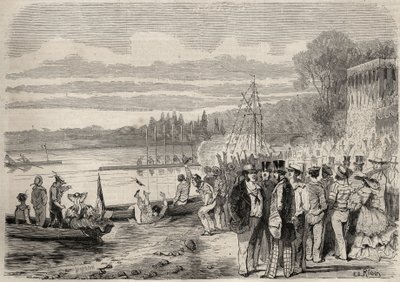 pařížští kanoisté. Regates de Saint-Cloud (Saint Cloud) v roce 1857. Rytina v „Le Monde illustrious““ z roku 1857. Soukromá sbírka. od Unknown artist