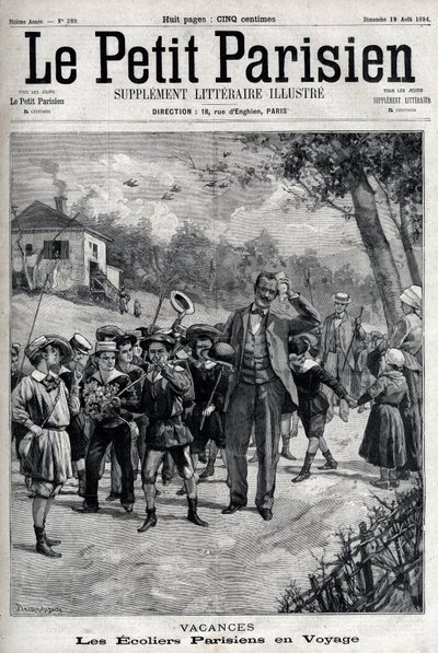 Pařížské školní prázdniny na výletě do přírody. Gravírování v „“Le Parisien““ od Unknown artist