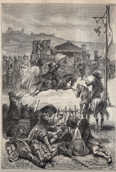 Střelba papoušků – ilustrace z 19. století k historickému románu „The Puritans of Scotland“ (Old Mortality) od Waltera Scotta (1771-1832) od Unknown artist