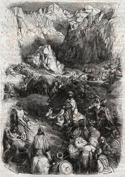 Průchod Pyrenejí Maury – rytina z roku 1851 z „“Zuřivého Rolanda““ (Orlando furioso) (16. století) od Ludovica Ariosta, známého jako Ariosta – vydání přeložené z italštiny hrabětem z Tressanu a vydané Gustavem Harvardem 1851 od Unknown artist