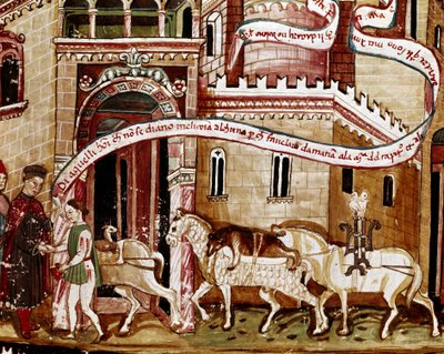 Platba solné daně při vjezdu do města (gabelle) Miniatura z rukopisu (paní H V-5) „Codex de Privileges““ od Unknown artist