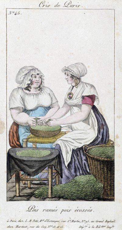 Obchodníci s hrachem: dvě ženy sypající hrách. „“ Řádkový hrách, skotský hrách“ - v „“ Cris de Paris“, deb. 19. století od Unknown artist