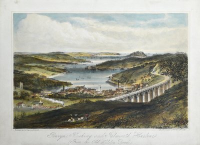 Přístavy Penryn, Flushing a Falmouth (od Old Helton Road), kolem 1860-80 (barevné lito na papíře) od Unknown artist