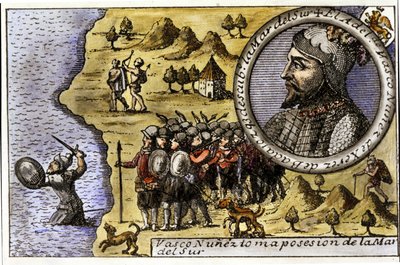Představení Vasca Nuneze de Balboa (1475 - 1517), španělského mořeplavce, který jako jeden z prvních objevil Tichý oceán přeplavbou Darienského průlivu. Rytina od Unknown artist