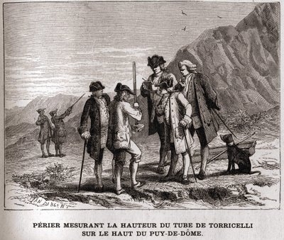 Perier měřící výšku barometru (rtuťové trubice) od Evangelisty Torricelliho nebo Toricelliho na vrcholu Puy-de-Dôme dne 20. září 1618, rytina 19. století, sbírka Bianchetti. od Unknown artist