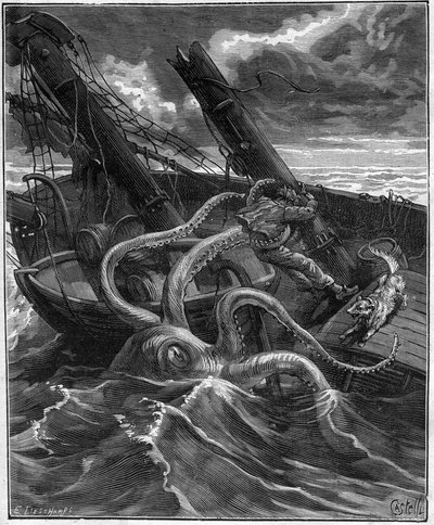 Perilleous Adventures Of Narcissus Nicaise In Kongo - Armand Dubarry 1836 -1910 - měl před sebou impozantní mořské monstrum (Giant octopus) (Giant octopus) - rytina v Journal des voyage de 1881 - od Unknown artist