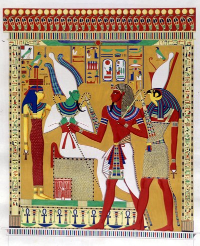 Faraon Merenptah 1. (nebo Mineptah, Merneptah) (1213-1204 př. n. l.) vedený Horem v přítomnosti Osirise a Athyr infernal. Zleva: Athyr, Osiris, Merenptah I a Horus. (Biban-el-Moluk) - v „“Památkách Egypta a Horní Núbie”” od Ippolita Rosela od Unknown artist