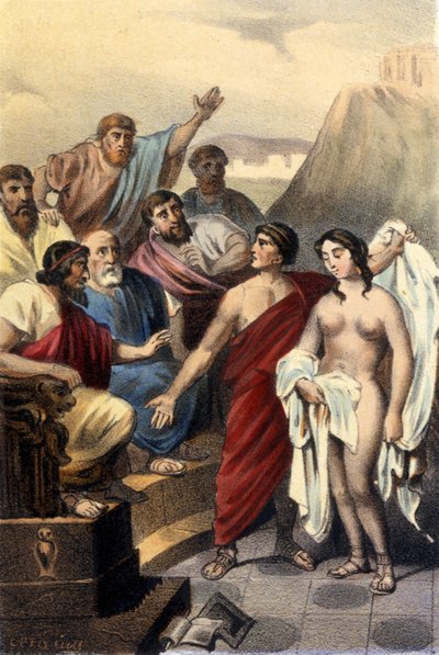Phryne (řecká kurtizána) před soudci v Aténách. od Unknown artist