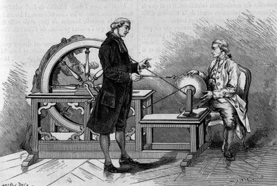 Fyzikální zkušenost v 18. století: záře vytvářená elektrickým strojem. (Od abbého Nolleta). Rytina v „“ La Nature: revue des sciences et de leurs applications aux arts et a l