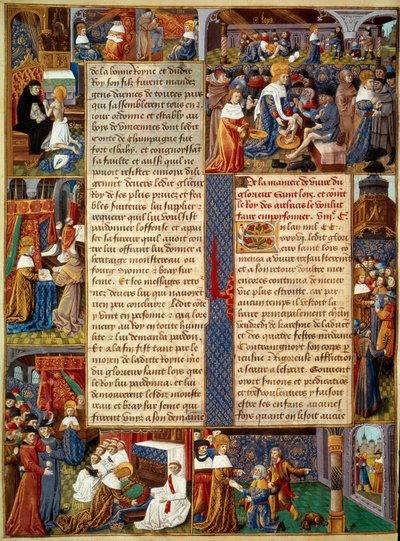 Pietní scéna: „“ Král Ludvík IX. (1214-1270) (Svatý Ludvík) umývá nohy chudým, král se modlí a výjevy z křesťanské lásky od krále““ Miniatura z rukopisu „“ Kniha faktů Monsignora sv. Louis““ 15. století. Paříž, B.N od Unknown artist