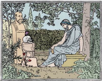 Platón meditující o nesmrtelnosti před Sokratem, motýl, lebka a mák asi 400 př. n. l. - Platón meditující o nesmrtelnosti před Sokratem, motýl, lebka a mák kolem roku 400 př. n. l. rytina 19. století od Unknown artist