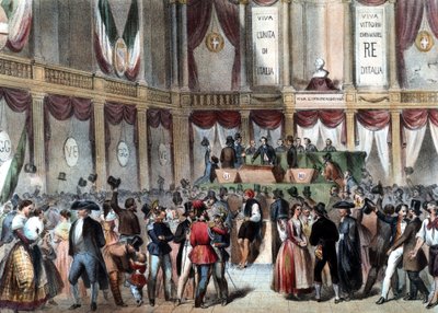 Plebiscit o připojení Neapolského království k Itálii v roce 1860. V pozadí: Viva Vittorio Emmanele (Victor Emmanuel) Re D